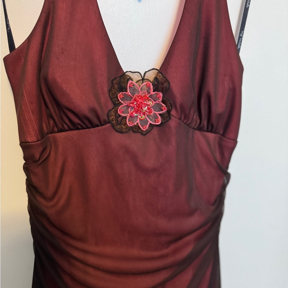 My Michelle Burgundy Dress with Pink Floral Accent